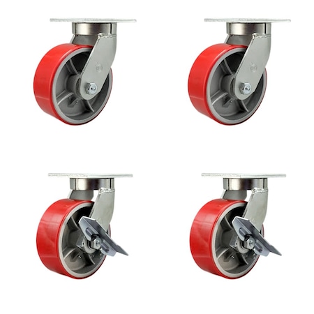 Service Caster 8'' Heavy Duty Red Poly on Cast Iron Wheel Swivel Caster Set with 2 Brakes, 4PK CRAN-SCC-KP92S830-PUR-RS-2-SLB-2